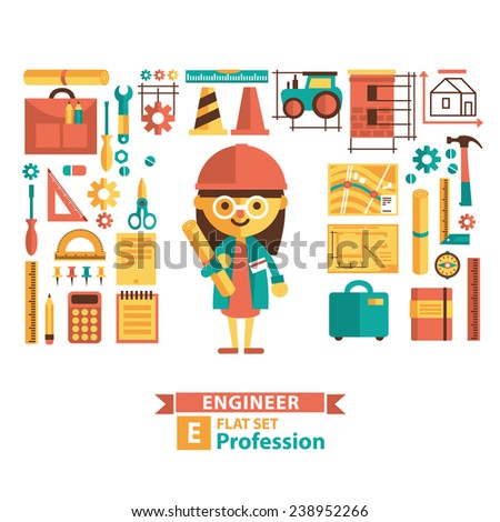 Set of vector images in a flat style. Engineering profession. Cartoon characters and icons. Female character.