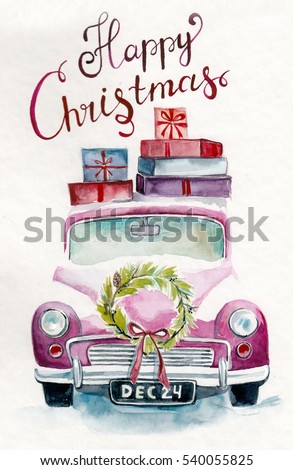 Download Christmas Car Watercolor Pink Stockillustration 540055825 ...