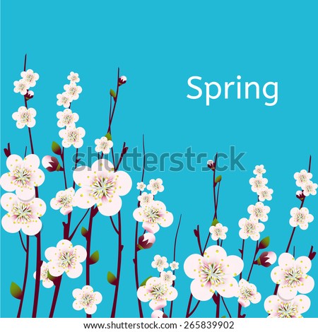 Vector happy easter card, wedding invitation template with an image of spring blossoming apricot branches with a lot of flowers with blue background