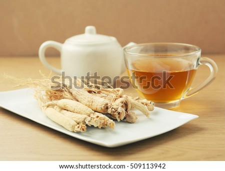 Ginseng tea ,Dry ginseng roots,Concept of healthy drink - vintage filter.