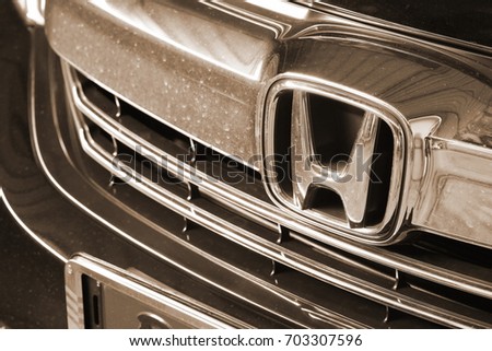 BANGKOK, THAILAND - AUG, 25: The japanese car logo of Honda on the front grill car part, represents the favorite automotive brand in thailand on August 25, 2017 in Bangkok, Thailand.