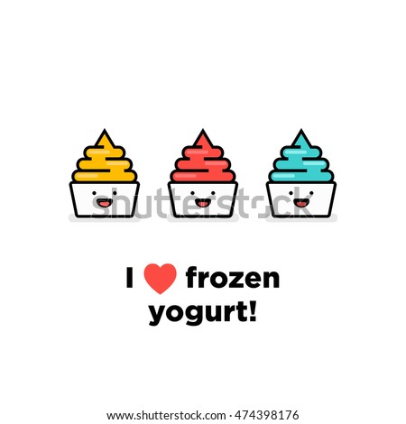 I Love Heart Frozen Yogurt! (Frozen Yogurt With Smiley Face Line Art in Flat Style Vector Illustration Icon and Quote Poster Design)