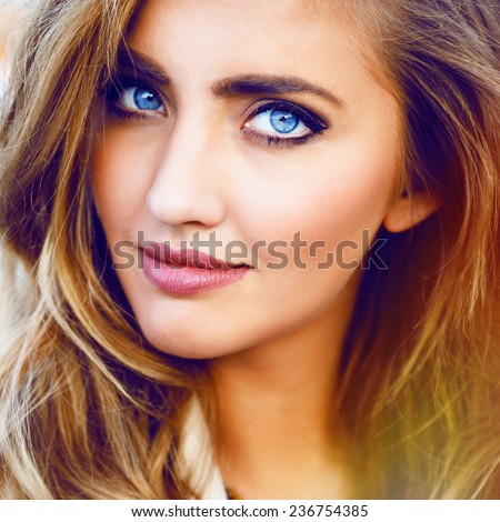 stock photo close up fashion portrait of blonde sexy girl with magnetic blue eyes stylish hairstyle and bright 236754385