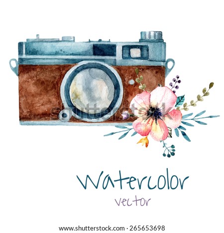 Vintage Watercolor Camera Tender Pink Flower Stock Vector 265653698 - Shutterstock