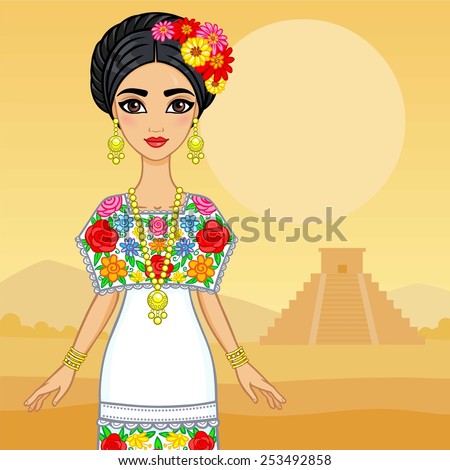 Animation Mexican Girl Festive Dress Background Stock 