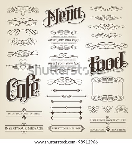 Decorative calligraphic design set - menu, cafe, food vector illustration