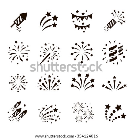 Firework icon set with petard, stars. Festival and event, celebrate and party. Vector