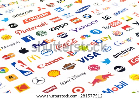ZAPOROZHYE, UKRAINE - MAY 26, 2015: Photo of a logotype collection of well-known world brand's printed on paper. Include Coca-Cola, Canon, McDonald's, Twitter, Apple and more others logo.