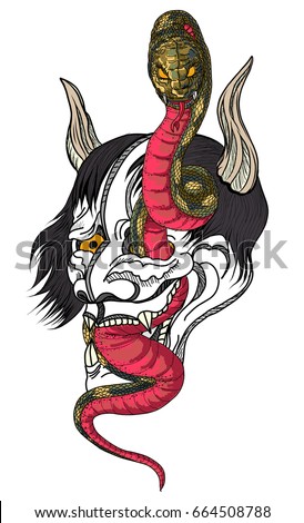 Hand Drawn Oni Skull Entwined By Stock Vector 664508788 - Shutterstock