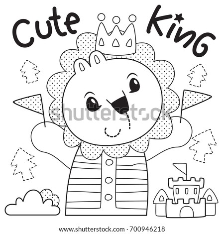 Coloring Page Outline Happy Cartoon Cute Lion Wearing A Crown Is King Of The Jungle