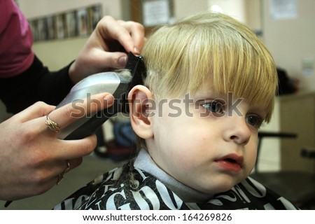 Little Boy Barbershop Getting Head Shaved Stock Photo 