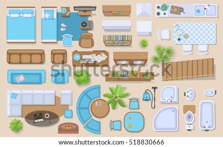 Icons set of interior (top view). Isolated Vector Illustration. Furniture and elements for living room, bedroom, kitchen, bathroom. Floor plan (view from above). Furniture store.