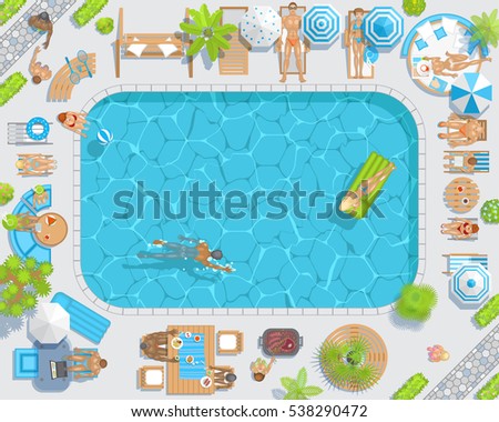 Sunny Patio With Pool View From Above People Sunbathe And Swim Sunny Patio With Pool View From Above People Sunbathe And Swim