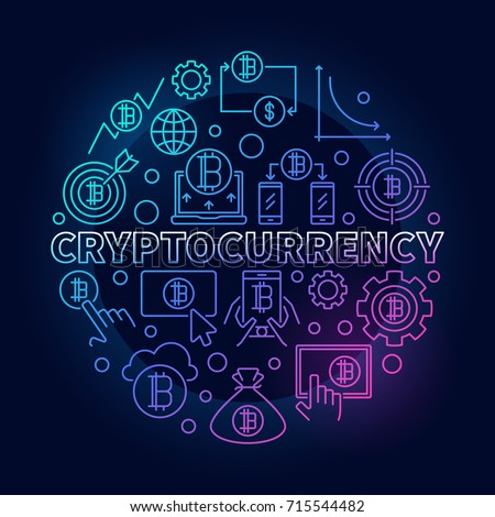 Cryptocurrency round colorful illustration. Vector digital money concept linear symbol on dark background