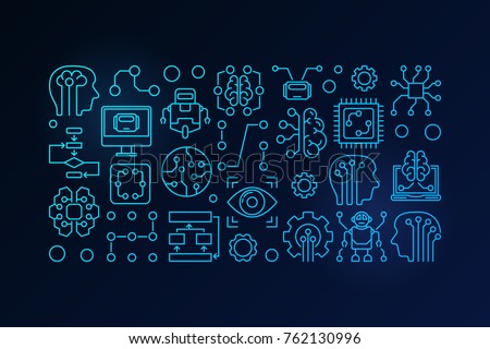 Machine learning and artificial intelligence vector blue outline illustration on dark background