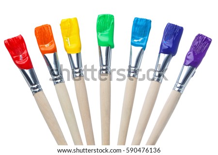 Colorful Paint Brushes with the Colors of the Rainbow, simple isolated in white shots