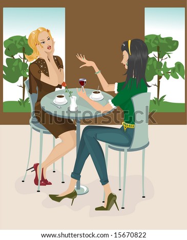 Cartoon Two Women Talking Cafe Vector Stock Vector 132918308 - Shutterstock