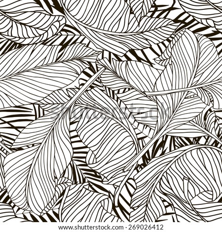 Tropical palm trees and banana leaves. Abstract background seamless pattern. Black and white.