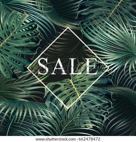 Sale banner, poster with palm leaves, jungle leaf. Beautiful vector floral tropical summer background