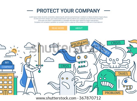 Illustration of vector modern line flat design protect your company composition and infographics elements with super hero businessman and business challenge