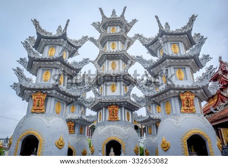 HAI PHONG, VIETNAM, JULY 30, 2015 : Cao Linh Pagoda Details of towers. From 1967 to 1975, North vietnamese artillery had used this pagoda as a location the set the missiles firing at US aircraft.