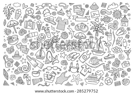 Summer beach hand drawn vector symbols and objects