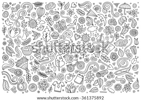 Vector sketchy line art Doodle cartoon set of objects and symbols on the Spring nature theme