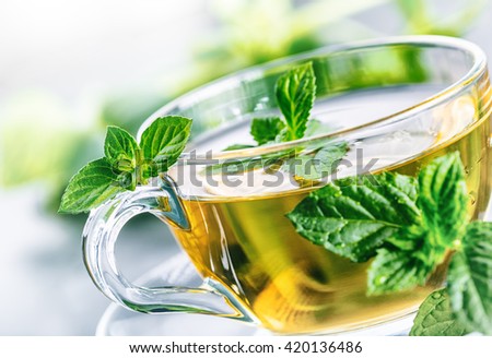 Tea. Mint Tea. Herbal tea. Mint leaf. Mint leaves. Tea in a glass cup, mint leaves, dried tea, sliced lime. herbs tea and mint leaves on a slate plate in a restaurant or teahouse tea room
