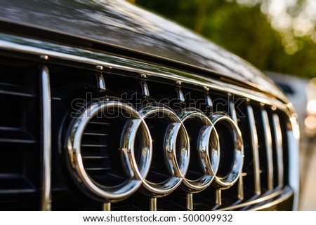Hanoi, Vietnam - June 17, 2016: Closed up Audi car Logo on the front of Q7 Audi car on a sun day in Hanoi.