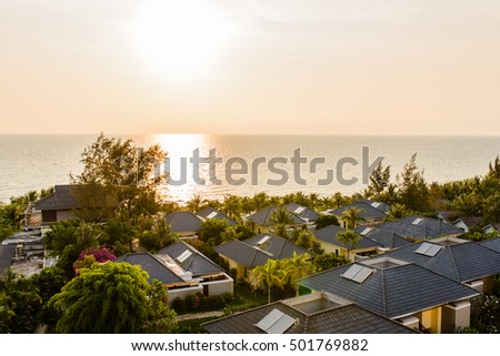 Aerial view of Villas in resort at sunrise in Phuquoc Island, Kiengiang, Vietnam