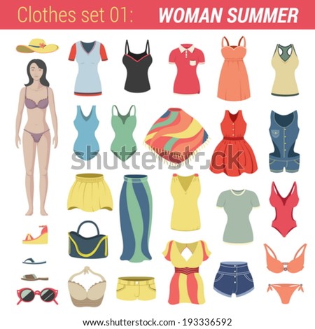 Woman Summer Clothing Vector Icon Set Panties Bra Thong Bikini Hat Woman Summer Clothing Vector Icon Set Panties Bra Thong Bikini Hat