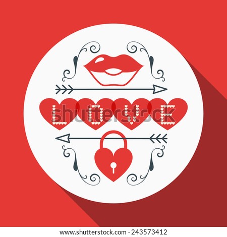 Vector St. Valentine's day greeting card in flat style. Typography elements with lips and heart shaped lock