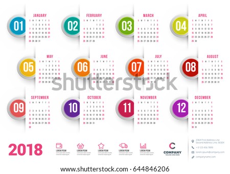 Calendar for 2018 year. Vector design stationery template. Week starts on Sunday. Flat style color vector illustration. Yearly calendar template