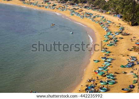 Quynhon, Vietnam - Apr 1,2016: Aerial view of Quy Nhon beach with curved shore line in Binh Dinh province, Vietnam.