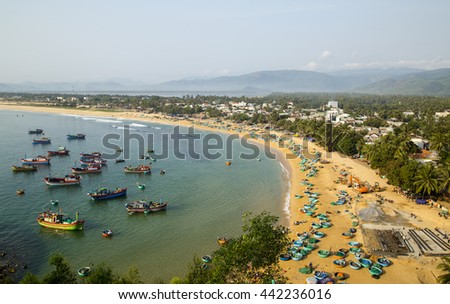 Quynhon, Vietnam - Apr 1,2016: Aerial view of Quy Nhon beach with curved shore line in Binh Dinh province, Vietnam.