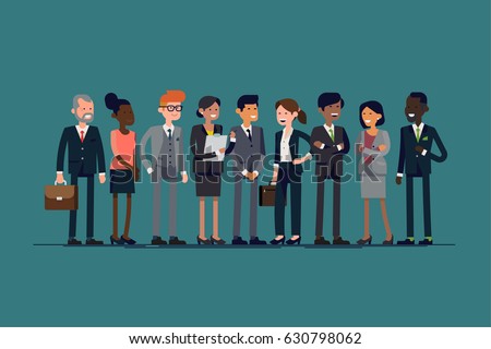 Cool vector set of business characters. International business team. Worldwide global corporate business people line-up. Large diverse group of office workers standing smiling