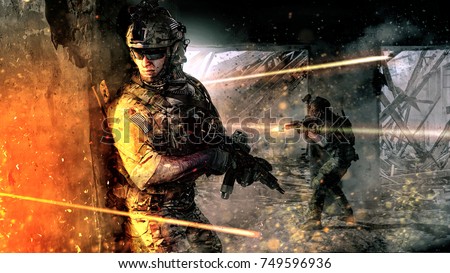 Army soldiers in action in ruined building