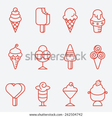 Ice cream set, thin line icons, flat design