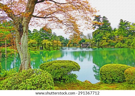 Japanese Garden Cherry Blossom Paintings color painting beautiful scenery scenic greenery stock Japanese Garden Cherry Blossom Paintings color painting beautiful scenery scenic greenery stock
