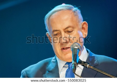 JERUSALÉM, ISRAEL.  14 de junho de 2016. O primeiro-ministro israelense, Benjamin Netanyahu, fazendo um discurso.