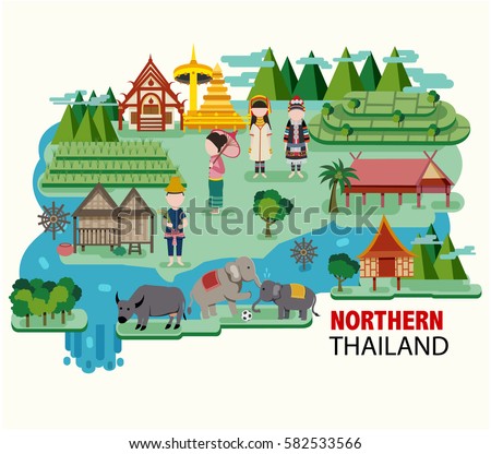 Northern Thailand travel with their culture and identity, all in the flat style, illustration, vector