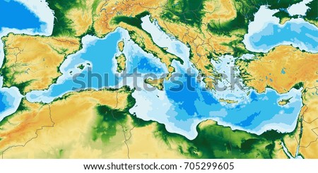 Mediterranean Sea Physical Map Stock Illustration 705299605 - Shutterstock