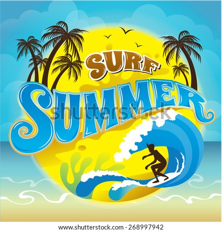 vector logo summer holiday and silhouette of surfers