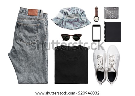 Hipster Man's clothing collections isolate on white(shirt,jean,wallet,watch,sunglasses,phone,shoe,book,hat) with clipping path