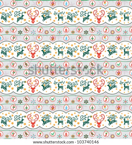 stock vector seamless pattern for christmas season reindeer flying and christmas ornaments hanging around 103740146