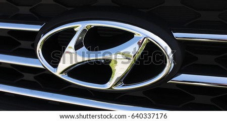 KIEV, UKRAINE - APRIL 28, 2017: Photo of the logo of Hyundai car. Hyundai is a famous worldwide car company.