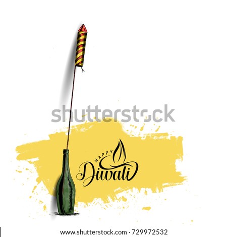 Rocket firecrackers in a pot Happy Diwali - Hand Drawn Sketch, Vector Background.