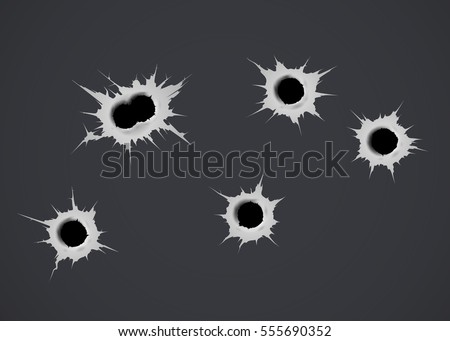 Set of six bullet holes. Isolated on black background. Vector illustration, eps 10.