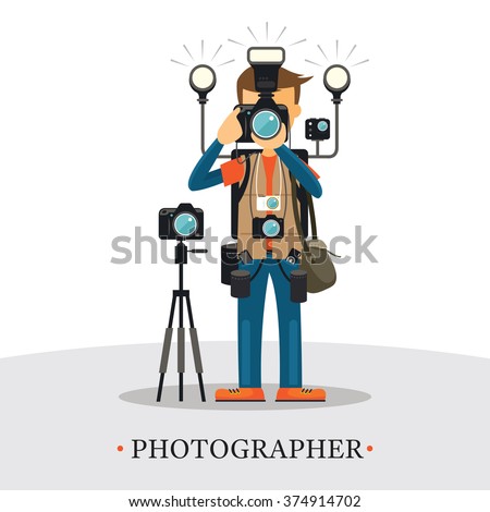 Super Equipment Photographer, Man Holding and Aiming Cameras, Carrying too many Accessories