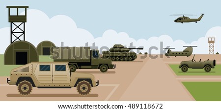 Military Base Camp, Side View with Army and Air Force Vehicles
